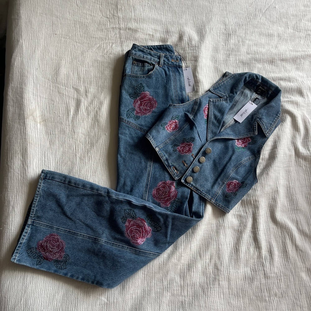 Denim Waistcoat and Jeans Set with Rose Hotflix Design